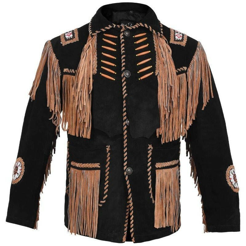 MENS COWBOY WESTERN SUEDE LEATHER JACKET WITH BONES BEADS FRINGES- BIKERS STYLE MENS CLASSIC FASHION.