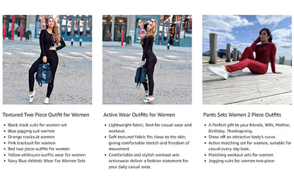 Women 2 Piece Outfits Textured Tracksuit Jogging Suits Long Sleeve Leggings Sweatsuits Sets