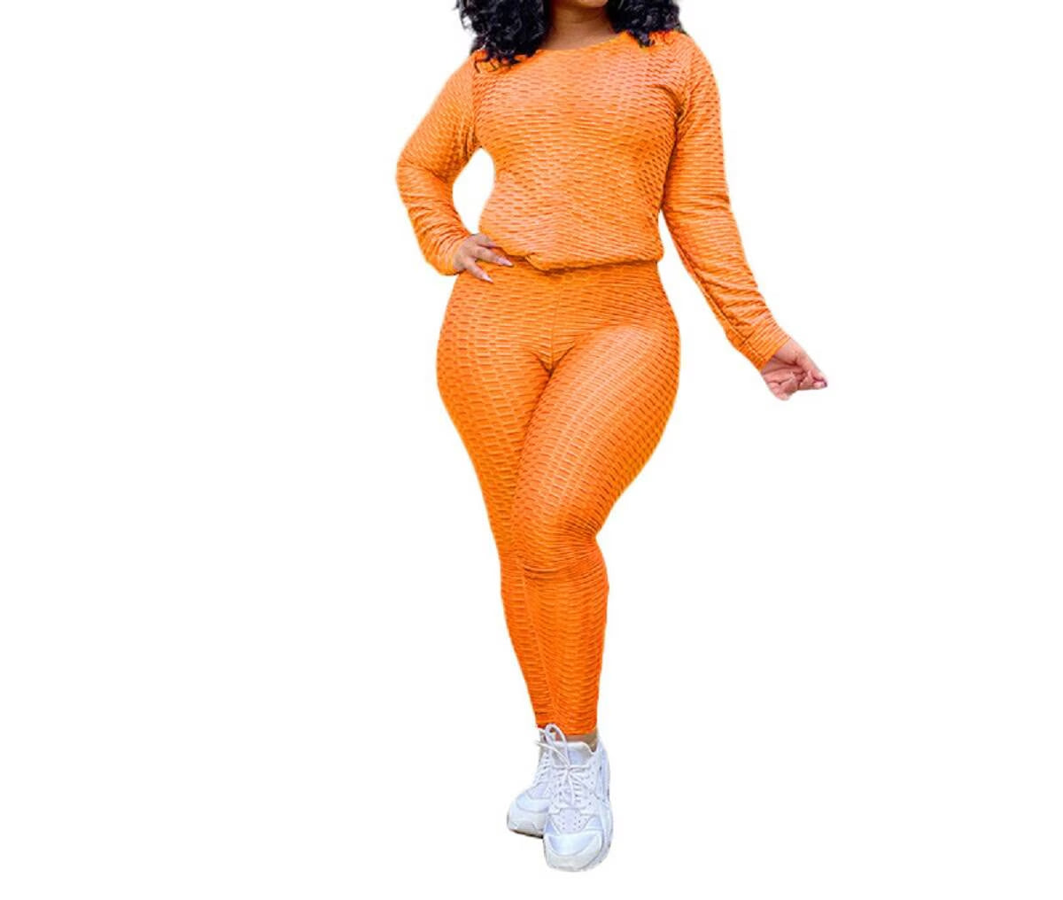 Women 2 Piece Outfits Textured Tracksuit Jogging Suits Long Sleeve Leggings Sweatsuits Sets