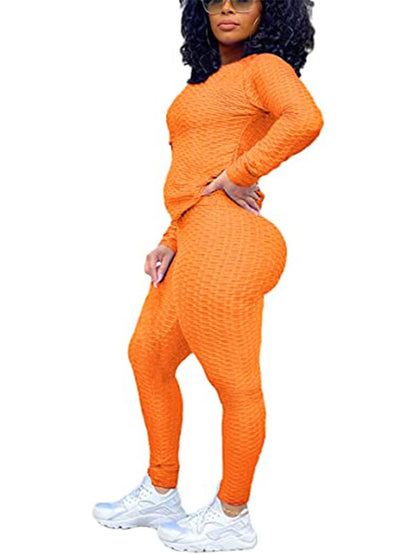 Women 2 Piece Outfits Textured Tracksuit Jogging Suits Long Sleeve Leggings Sweatsuits Sets