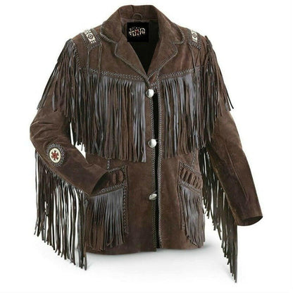 MENS COWBOY WESTERN SUEDE LEATHER JACKET WITH BONES BEADS FRINGES- BIKERS STYLE MENS CLASSIC FASHION.