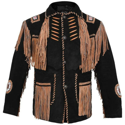 MENS COWBOY WESTERN SUEDE LEATHER JACKET WITH BONES BEADS FRINGES- BIKERS STYLE MENS CLASSIC FASHION.