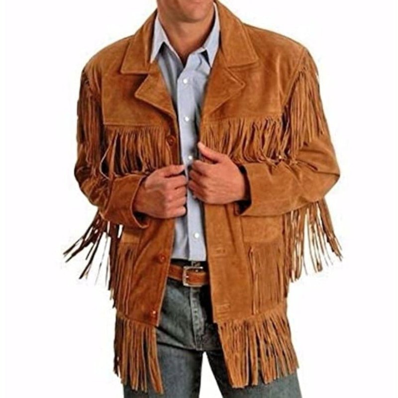 MENS COWBOY WESTERN SUEDE LEATHER JACKET WITH BONES BEADS FRINGES- BIKERS STYLE MENS CLASSIC FASHION.